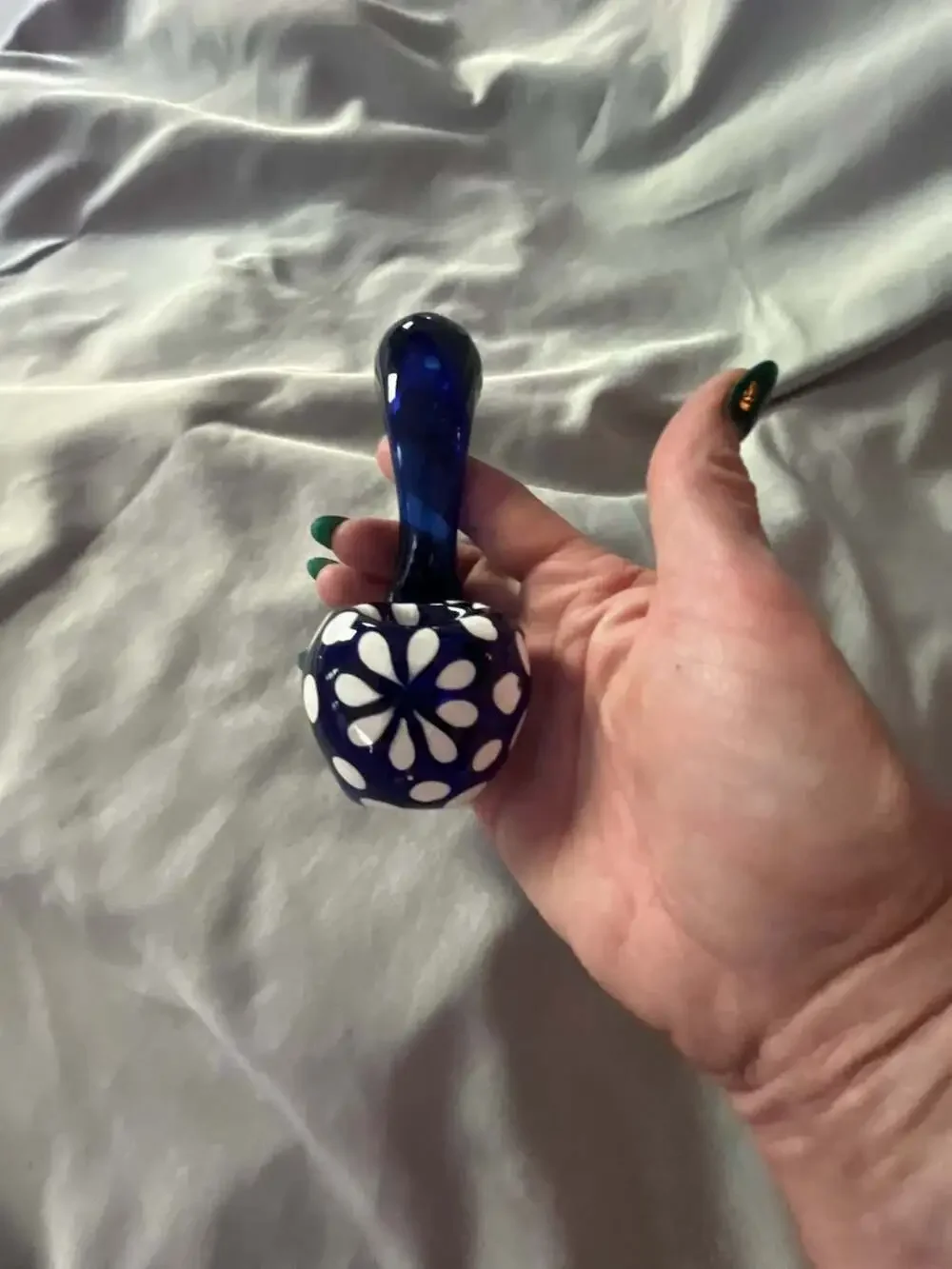 Blue and White Glass  Hand Piece with Polka Dot Motif